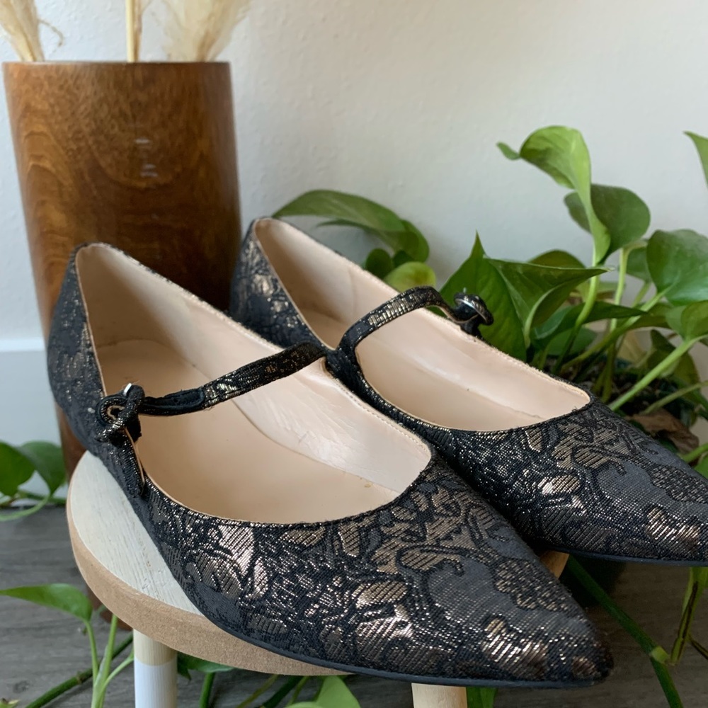 Marc Fisher Gold and Black Embroidered Point Toe Flats Worn Once